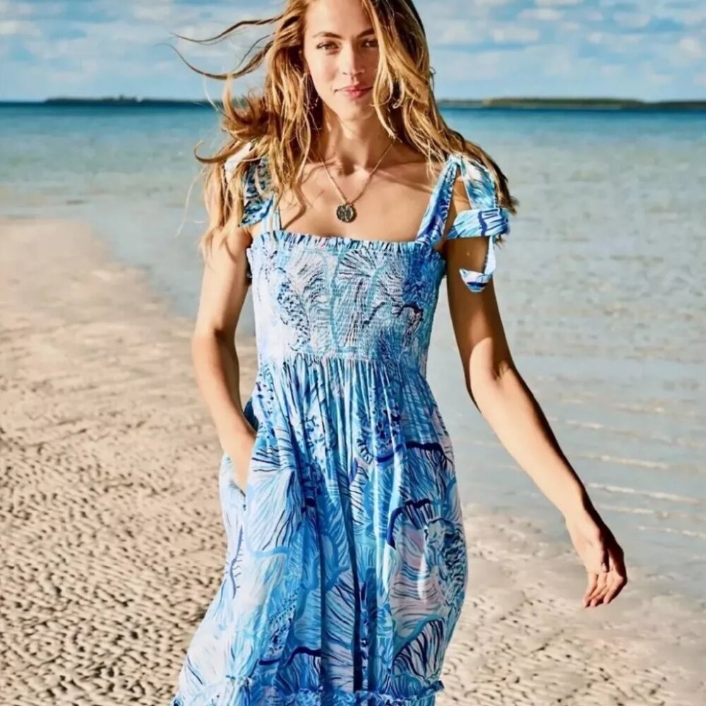 Lilly Pulitzer Blue Tropical Print Midi Dress